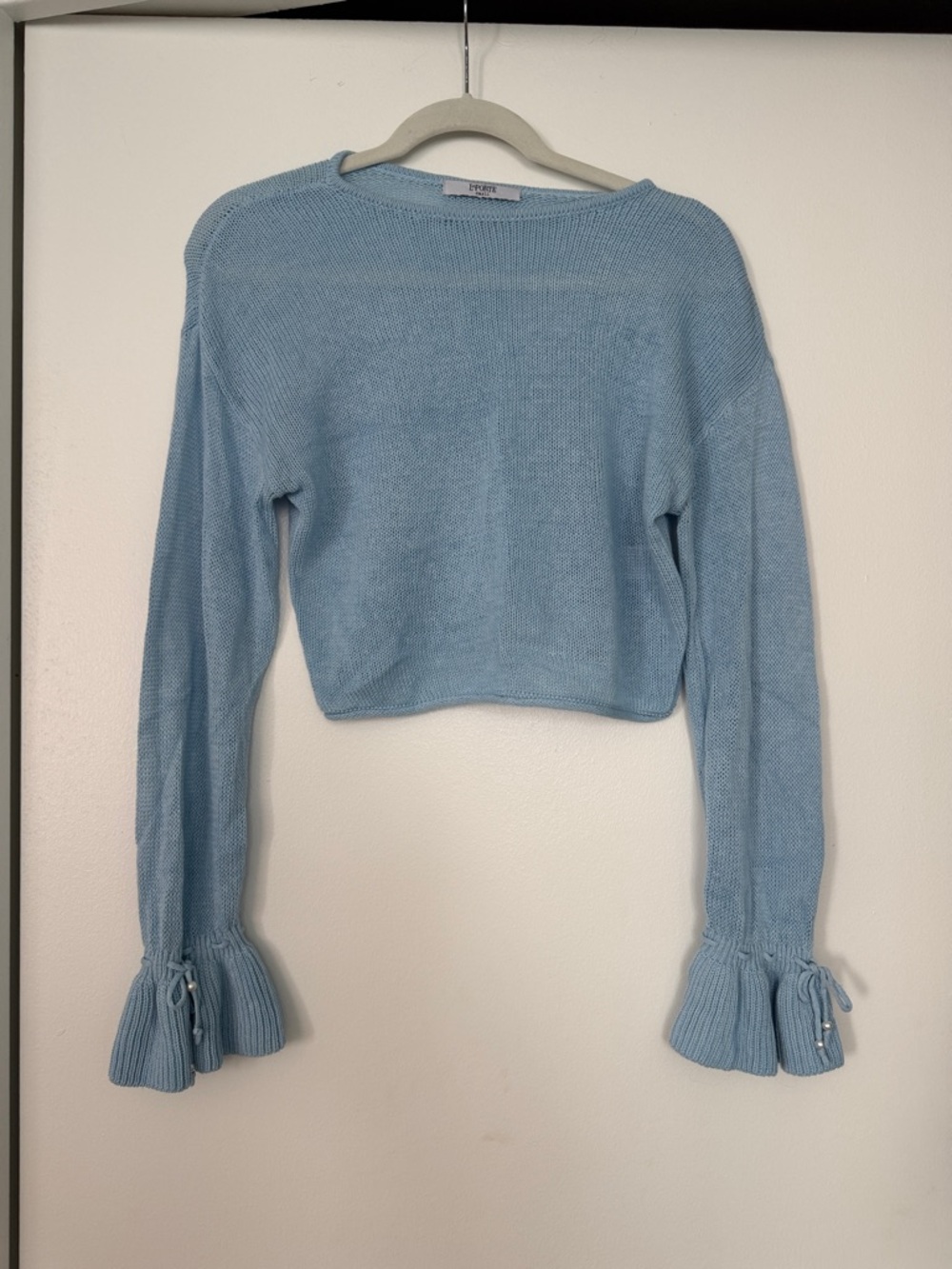 Cropped Light Blue Crewneck Sweater with Ruffled Tie Cuffs